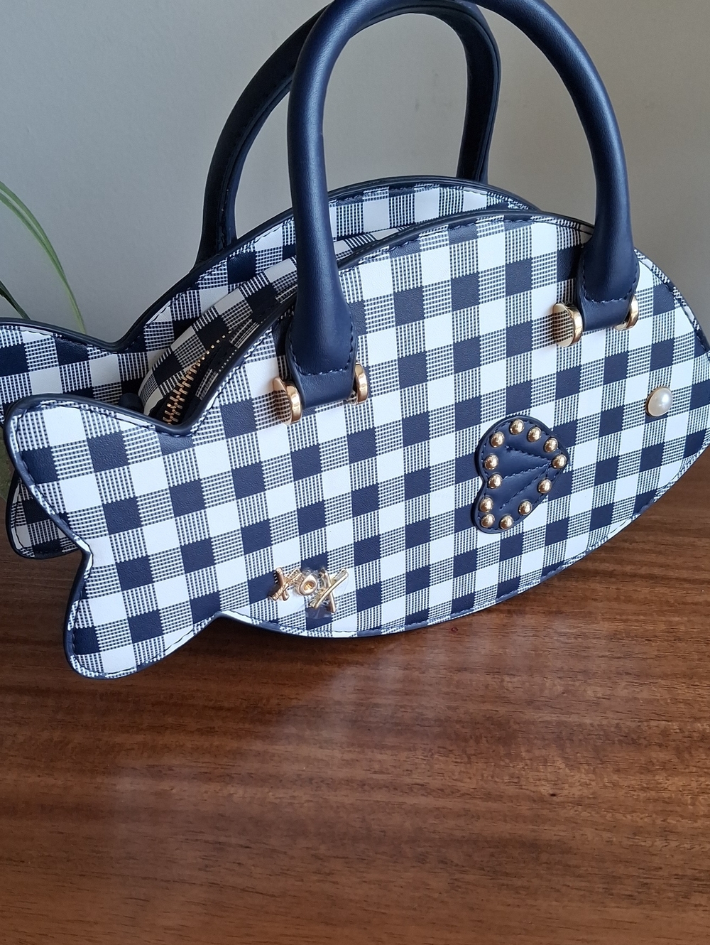 Betsey Johnson Navy & White Gingham Fish Satchel Crossbody Bag - Picture 2 of 7